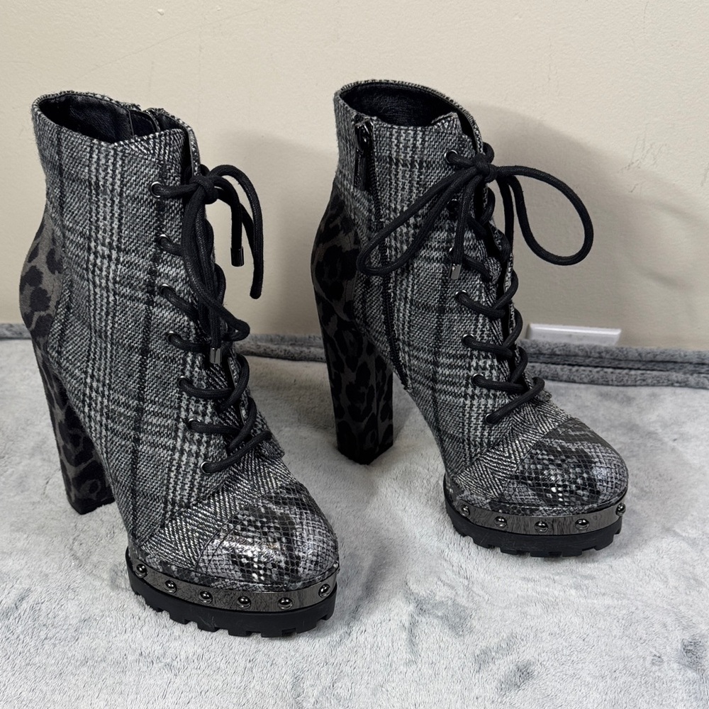 Jessica Simpson IRELLA Mixed Media Boots 6.5 Plaid, Cheetah, & Snake - NEW